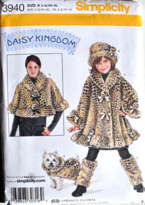 SIMPLICITY PATTERN 3940 MISSES CAPELET XS-XL GIRLS COAT SIZE 3-8 DOG COAT UNCUT - Image 1 of 2