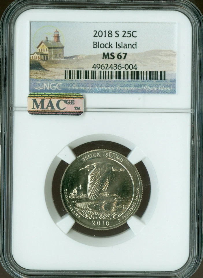 2018 S BLOCK ISLAND QUARTER NGC MS67 PQ MAC FINEST GRADE & SPOTLESS  . - Image 1 of 2