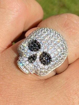 Real Solid 925 Sterling Silver Hip Hop Skull Santa Muerte Iced CZ Ring - Image 1 of 4