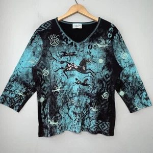 Cactus Bay Size XXL Ribbed Knit Tee Top Horse Embellished Cowgirl Southwestern - Picture 1 of 9