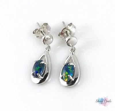 Orecchini opale australiano autentico 6x4 mm argento sterling 925 goccia di p... - Immagine 1 di 4