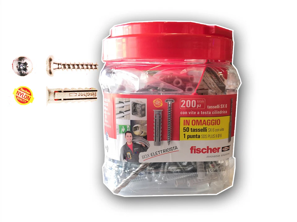 200 TASSELLI FISCHER CON VITE SX 6 S TESTA CILINDRICA + PUNTA SDS 6. Art. 553114 - Immagine 1 di 1