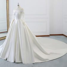 Long Sleeve Wedding Dresses Off Shoulder White Satin Bridal Gowns Lace Appliques