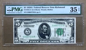 1928A $5 FRN RICHMOND FR. 1951-E / PMG 35 CVF Ser# E 06827233 A ⭐ READ ⭐ - Picture 1 of 3