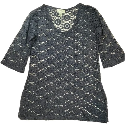 Traje de baño de encaje a ganchillo J Valdi túnica de encubrimiento azul marino transparente playa vacaciones Resort-M Foto 1 de 4