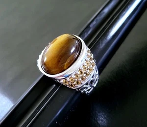🐅VTG QVC 10 MEGA TIGER'S EYE & CITRINE 925 STERLING BOLD CABOCHON RING MENS - Picture 1 of 14