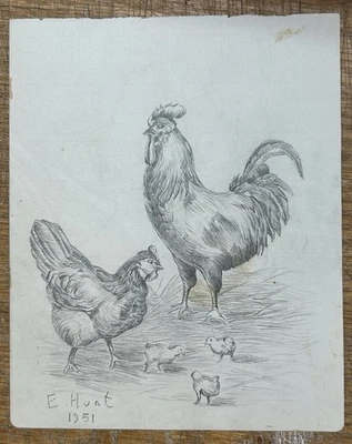 Edgar Hunt Artista Firmado Fechado Lápiz Dibujo Gallo Pollitos Animales de Granja A1 Foto 1 de 4