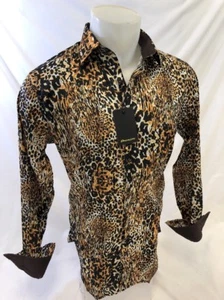 Mens PREMIERE Long Sleeve Button Down Dress Shirt Brown ANIMAL LEOPARD PRINT 117 - Picture 1 of 1