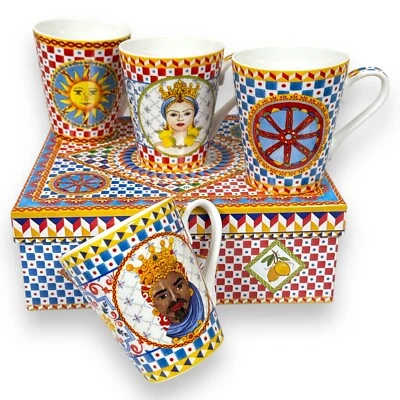 Colorful Easy Life Porcelain Mugs Coffee Mugs Sicily Set of 4 in Beautiful Box - Image 1 of 4