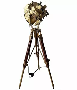 Antique Searchlight Floor Lamp Spotlight With Wooden Tripod Stand - Picture 1 of 7