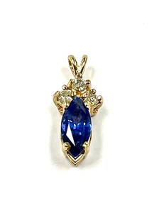 DAINTY 14K YELLOW GOLD MARQUIS CUT BLUE SAPPHIRE & ROUND DIAMOND PENDANT - Picture 1 of 5