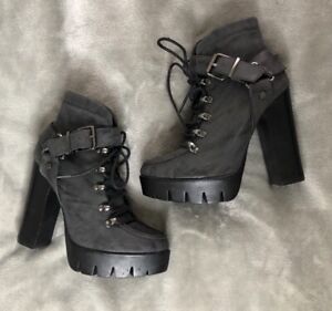 Cupid Gray Platform Lace Front Ankle Booties Women Size 6