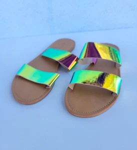 Forever 21 Rainbow Canvas Double Strap Wedge Open Toe Sandals Wms Size 7 New - Picture 1 of 8
