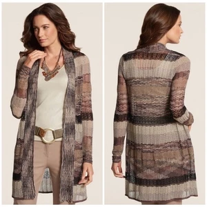 Chico’s Danika Neutral Space Dye Loose Knit Striped Open Cardigan Large  - Picture 1 of 9