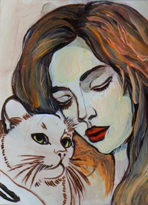 ACEO painting acrylic original woman portrait with cat by Dora Pilssala - Picture 1 of 1