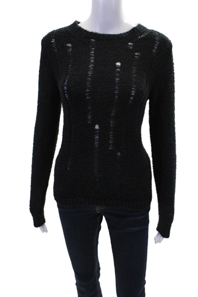 Lilla P Womens Cotton Crew Neck Distressed Knit Sweater Solid Black Size S - Image 1 of 4