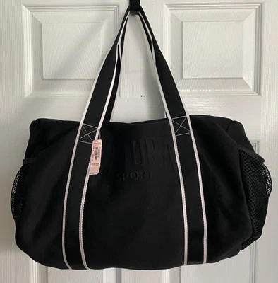 "Bolso de Lona Deportivo Suave Victoria Secret Forrado Negro/Blanco, Bolsillos Laterales 16""" Foto 1 de 4