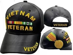 Vietnam Veteran Authentic Medal Ribbons Black PU Faux Leather Embroidered Cap. - Picture 1 of 1