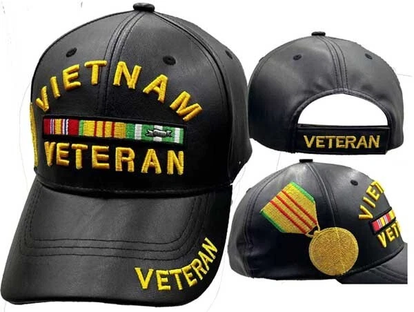 Vietnam Veteran Authentic Medal Ribbons Black PU Faux Leather Embroidered Cap. - Image 1 of 1
