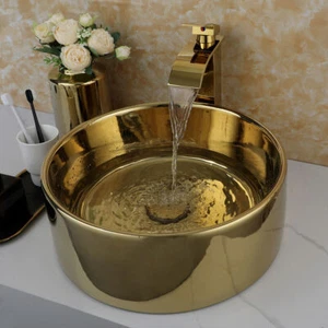 16” Gold Bathroom Ceramic Sinks Round Vessel Basin Bowl Combo Faucet Drain Set - Picture 1 of 12