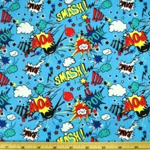 100% Cotton Fabric Blue Super Hero Smash Bang Pow Sound Effects 150cm Wide - Picture 1 of 1