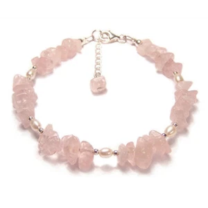 Rose quartz and pearl bracelet Sterling silver pink chips gem stone gemstone - Picture 1 of 3