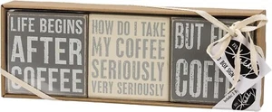 Primitives by Kathy Box Sign Gift Set of 3 Coffee Lover Quotes 4 in by 4 in each - Picture 1 of 1