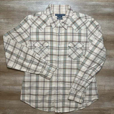 Ralph Lauren Shirt Women 14 Beige Slim Fit Plaid Pearl Snap Top Western Cowgirl - Image 1 of 4