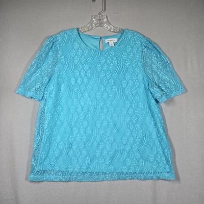 Top de encaje para mujer Liz Claiborne talla XL mangas cortas abullonadas azul aguamarina Foto 1 de 4