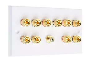 5.1 Surround Sound AV Speaker Wall Plate / Gold Binding Posts + 1 RCA - White  - Picture 1 of 8