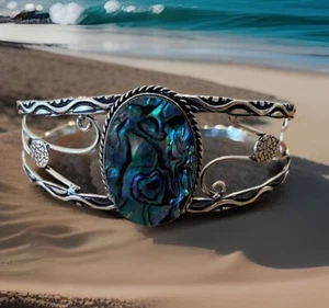 Abalone Shell Adjustable bracelet/cuff -Sterling Silver plated 925 - Foto 1 di 5