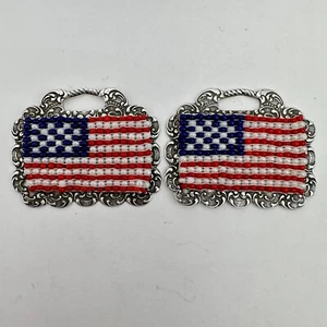 Beaded American Flag Pair Luggage Tag Ornate Frame D S Spaulding Sterling Silver - Picture 1 of 14