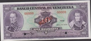 Venezuela 10 Bolivares 4.11.1972 P 51s  Specimen Uncirculated Banknote - Picture 1 of 2
