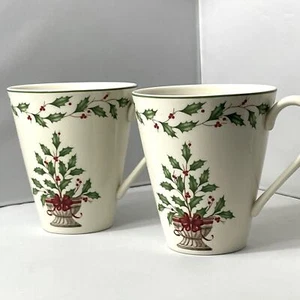 Pair Lenox Holiday Pattern Holly Tree Accent Mugs EUC - Picture 1 of 6