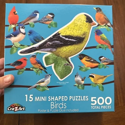 BIRDS | 15 Mini Shaped Jigsaw Puzzles | 500 Color Coded Pieces POSTER COMPLETE - Image 1 of 4