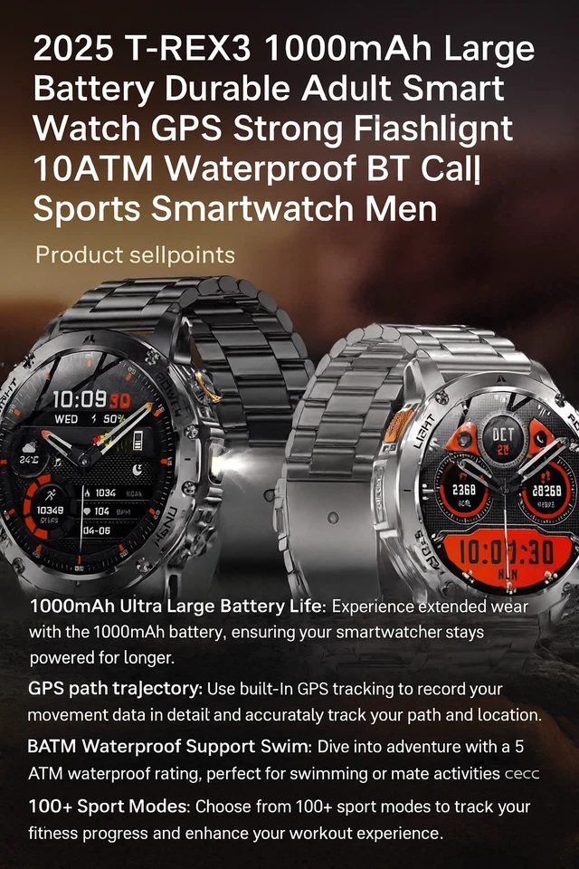Reloj inteligente resistente T‐Rex 3 48 mm AMOLED GPS 100+ modos deportivos 1000 mAh batería 5 ATM Foto 1 de 4