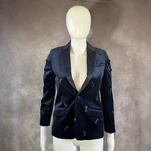 SCOTCH & SODA Velvet Navy Blue Single Button Lion Embroidered Blazer Size 12/152 - Picture 1 of 10