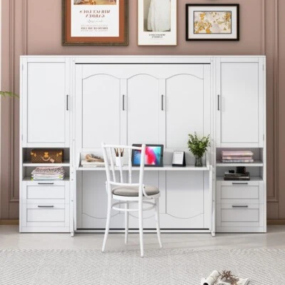 X-HOMEGARDEN Queen Size Murphy Bed Wood Folding Wall Bed with Closet,4 Drawers and Shelves