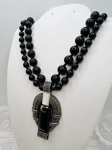 Judith Jack Onyx Double Bead Necklace w Sterling Silver Marcasite Stone Pendant - Picture 1 of 12