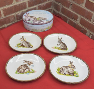 Williams Sonoma Easter Meadow Bunny Rabbit Oval Salad Plates Set of 4 RARE 2012