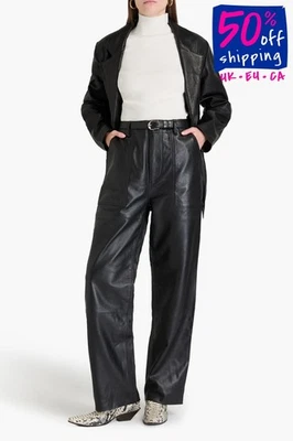 PVP €680 DEADWOOD Pantalón Recto de Cuero Talla S Negro Cintura Alta Cremallera Mosca Foto 1 de 4