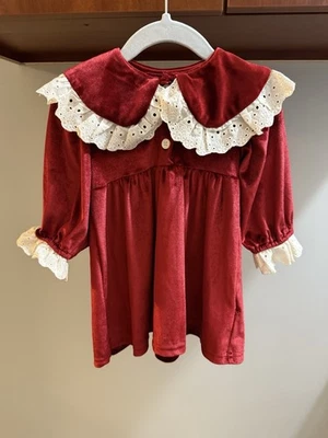 Vestido de terciopelo rojo con ojales recortados cuello Peter Pan para bebé niña talla 9 meses Foto 1 de 3