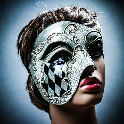 Venetian Half Face Classic Phantom Masquerade Ball Mask w/ Unique Silver Checker - Image 1 of 4