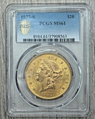 Moneda de oro Liberty Tipo II 1877 S $20 GRADUACIÓN PROFESIONAL MS-61, fecha semi clave Foto 1 de 4