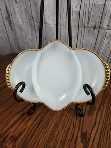 Vintage Oven Fire King Ware Milk Glass Divided Relish Tray 22C Gold Trim EUC - Picture 1 of 14