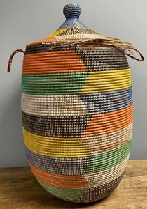 Senegal West African Coil Multicolor Basket Vintage 29"X16" Large Straw Handmade - Picture 1 of 12