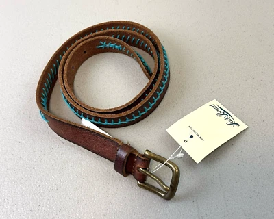 Lucky Brand Women Blue Embroidered Brown Leather Belt Size Medium NEW - Image 1 of 4