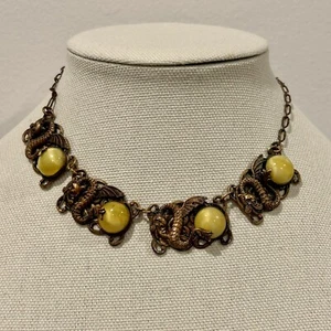 Czech Art Deco Chinese Asian Dragon Brass Choker Necklace Yellow Glass Cabochon - Picture 1 of 13