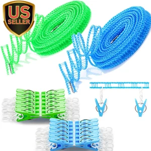 Clotheslines 2 Pack Clothesline Clothes with 24 Pcs Clips Drying Rope Portable W - Picture 1 of 7