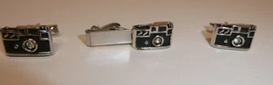 Swank Film Camera Cufflinks Tie Bar Clip Black Enamel SILVER Tone Rhinestone VTG - Picture 1 of 11